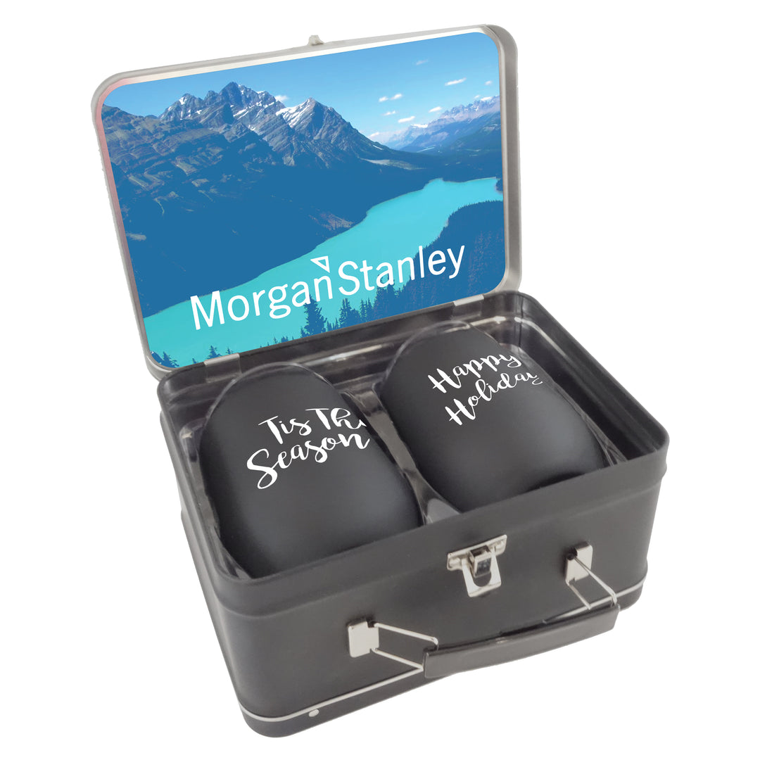 Matte Black Retro Lunchbox + Double 12oz Rubberized Finish Stemless Wine Glass In Vacuum Formed Insert