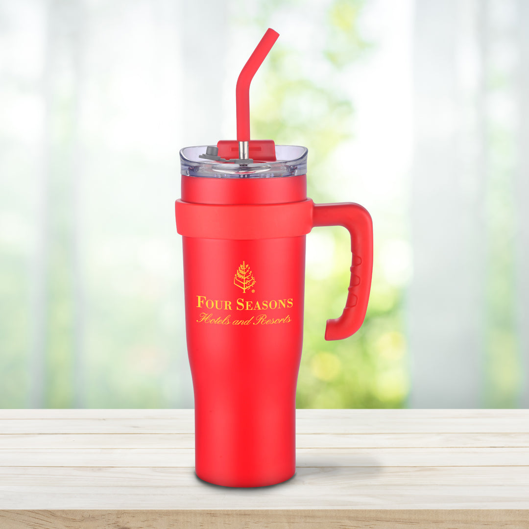 40 Oz Double Wall Stainless Steel Tumbler With Removable Handle And Silicone Straw.