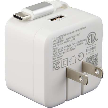 ETL Listed 20W Wall Charger with Retractable Cable