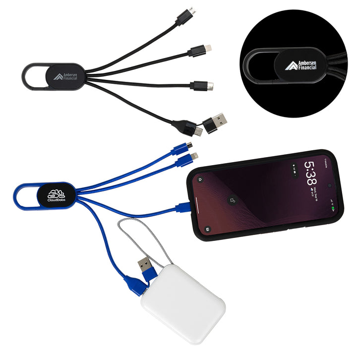 Hex 6-in-1 Light-Up Charging Cable with Carabiner Clip and Recycled Casing