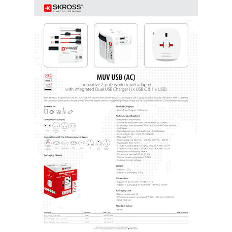 SKROSS World Travel Adapter MUV USB Type A & Type