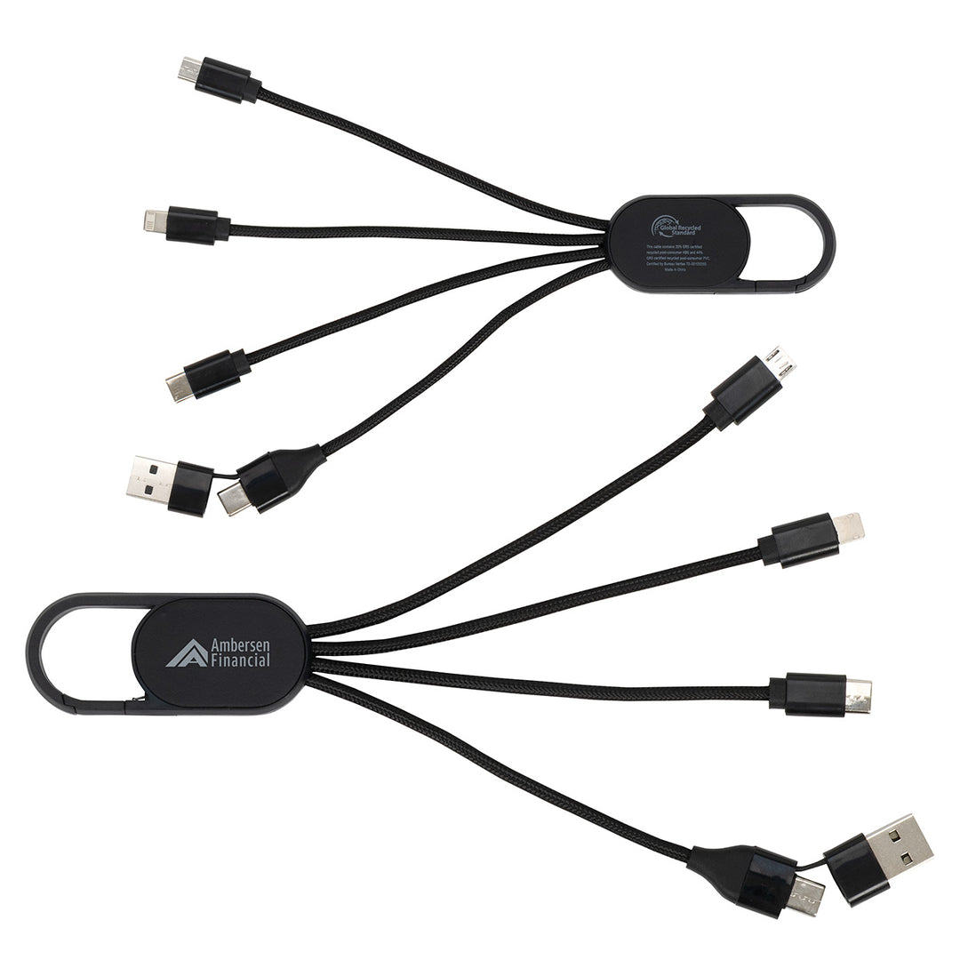 Hex 6-in-1 Light-Up Charging Cable with Carabiner Clip and Recycled Casing