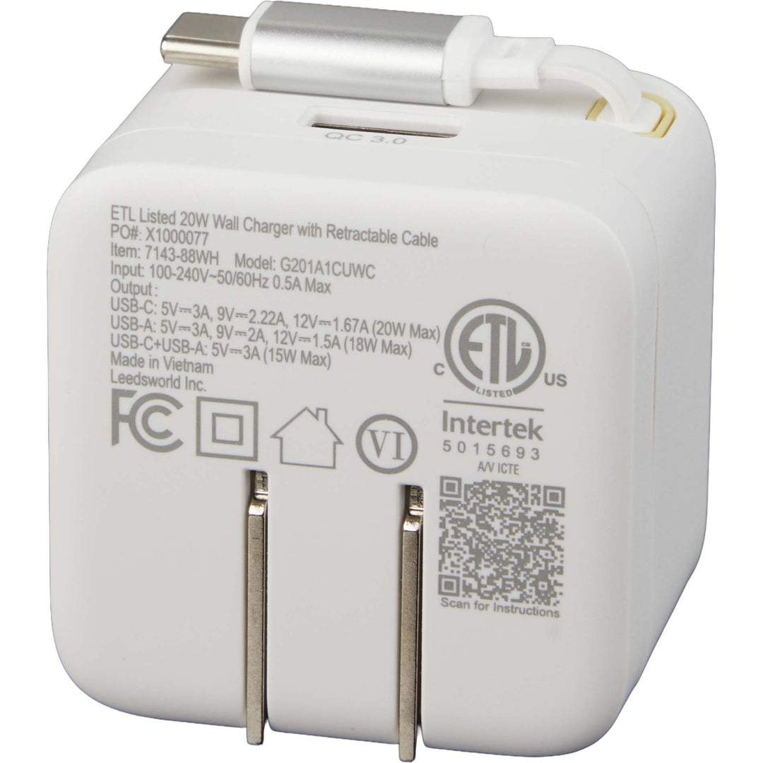 ETL Listed 20W Wall Charger with Retractable Cable