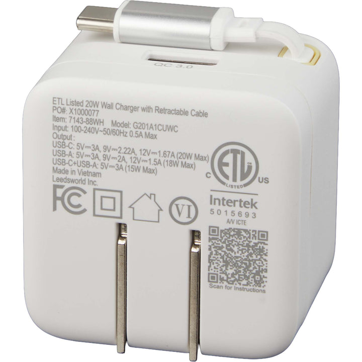 ETL Listed 20W Wall Charger with Retractable Cable