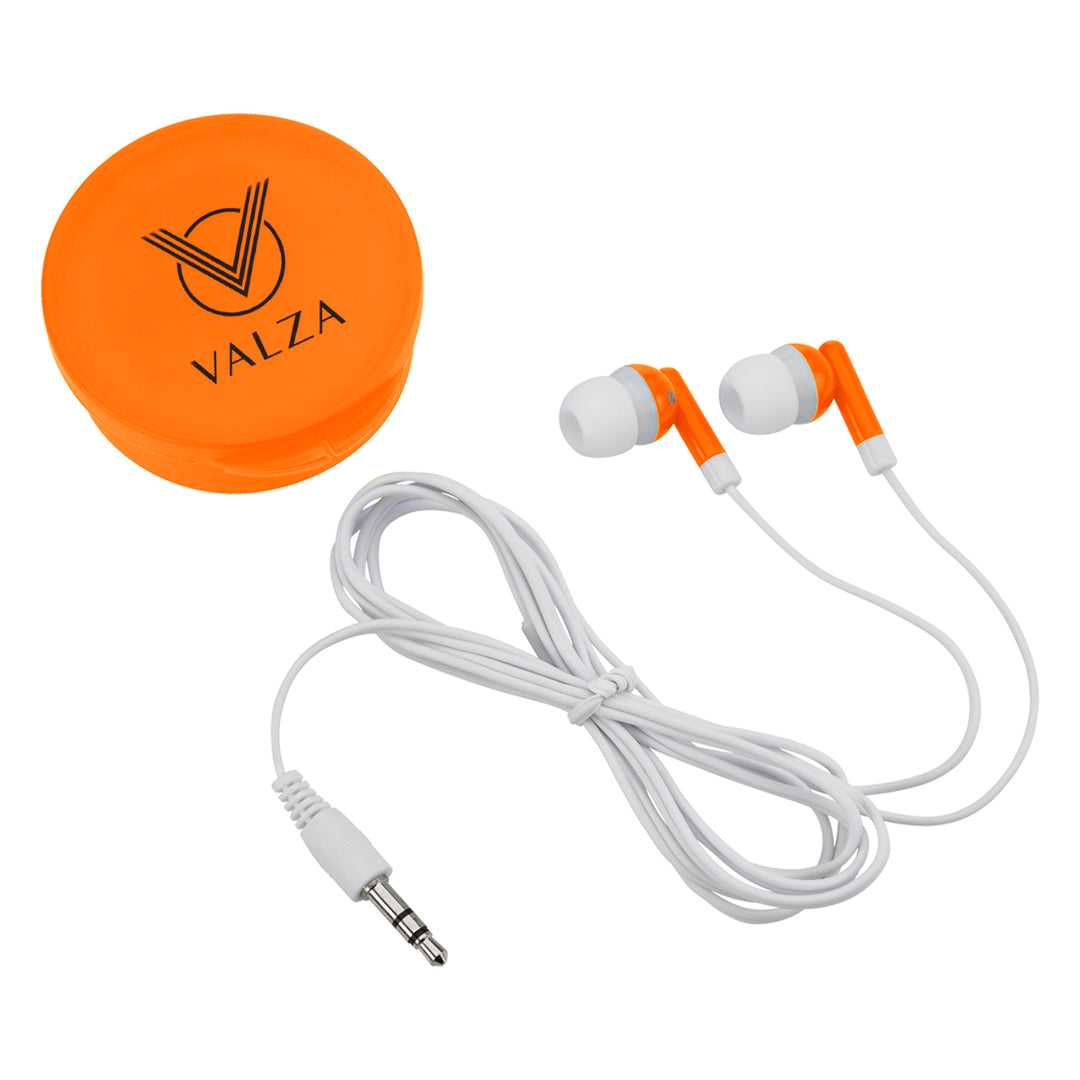 Earbuds In Round Plastic Case