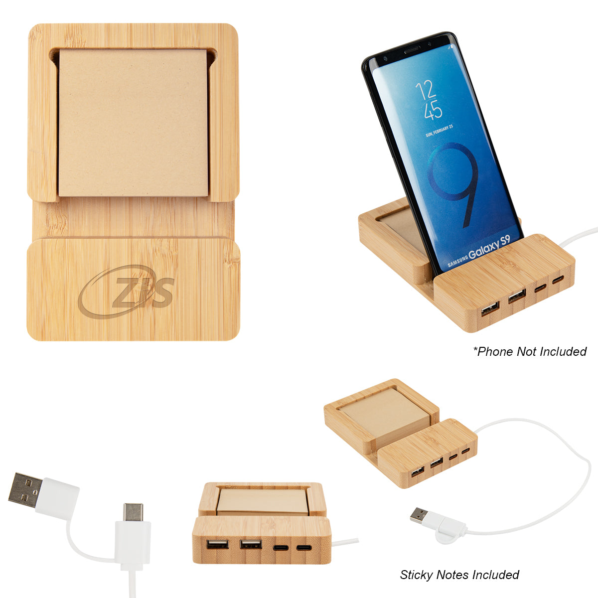 Bamboo Multi-Port Hub With Phone Holder & Sticky Notes – RushKing