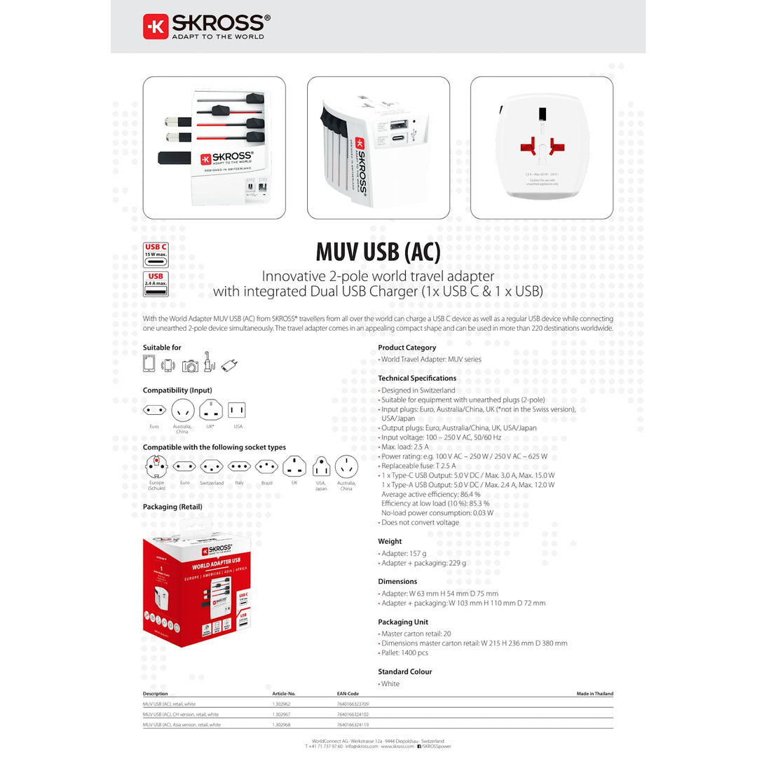 SKROSS World Travel Adapter MUV USB Type A & Type