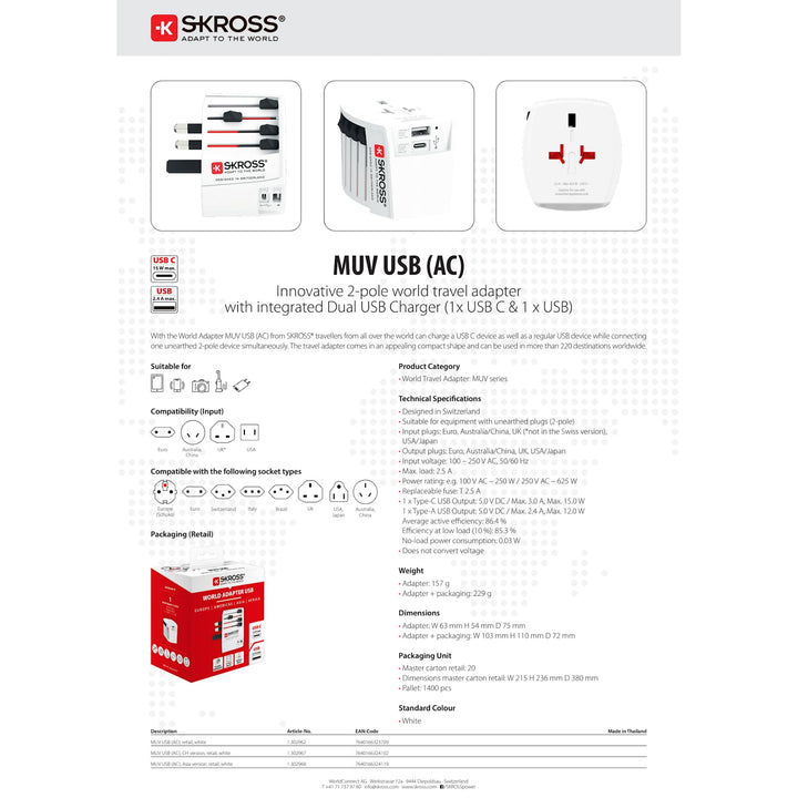 SKROSS World Travel Adapter MUV USB Type A & Type