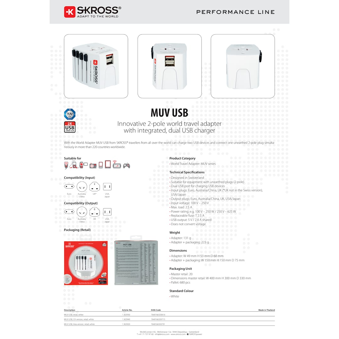 SKROSS World Travel Adapter MUV USB Type A & Type