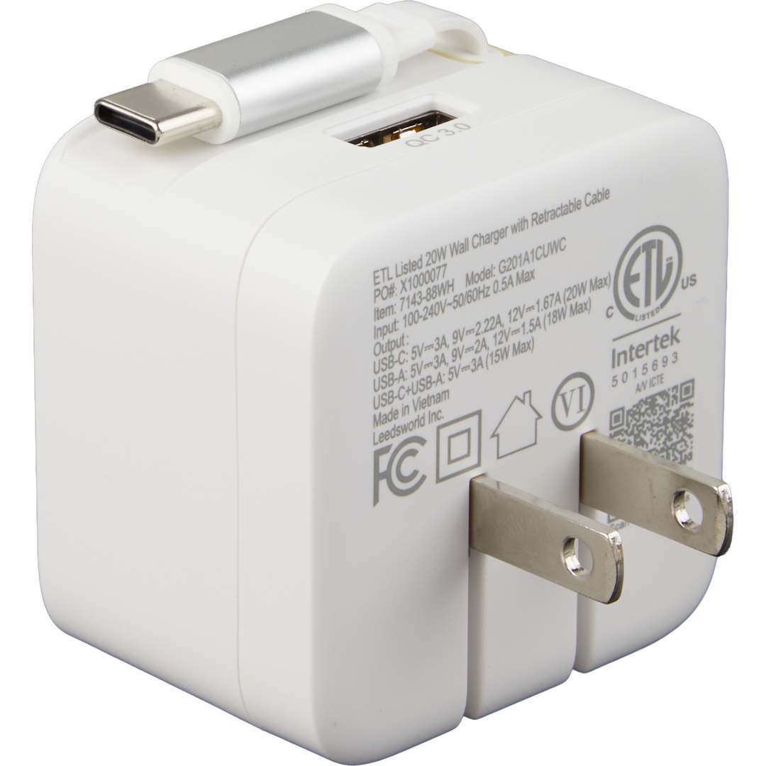 ETL Listed 20W Wall Charger with Retractable Cable