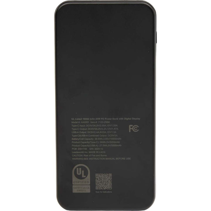 UL Listed 10000 mAh 20W Digital Display PowerBank