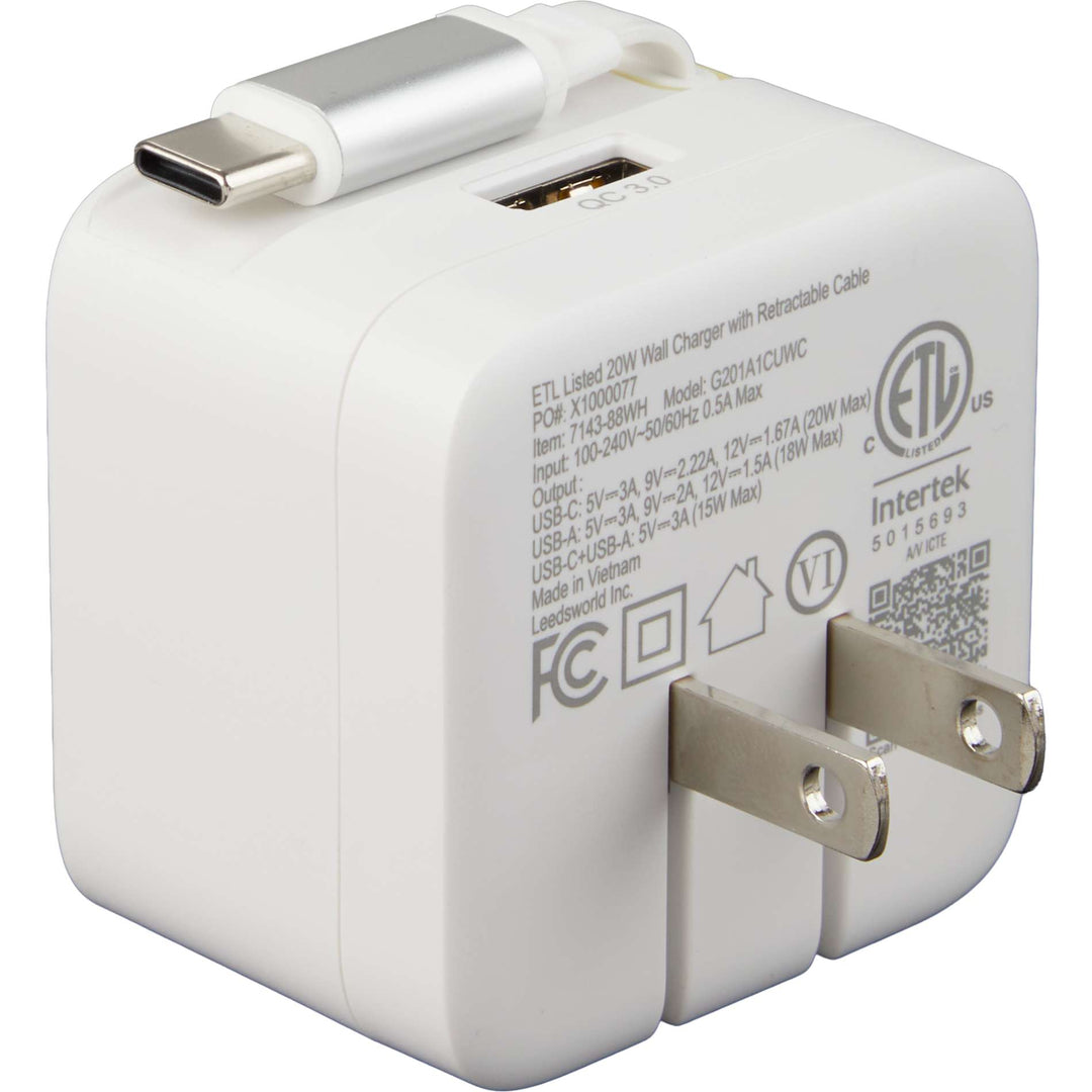 ETL Listed 20W Wall Charger with Retractable Cable