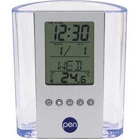 Clear Pen Cup w Digital Alarm Clock and thermometer