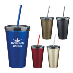 16 Oz. Stainless Steel Double Wall Tumbler With Straw