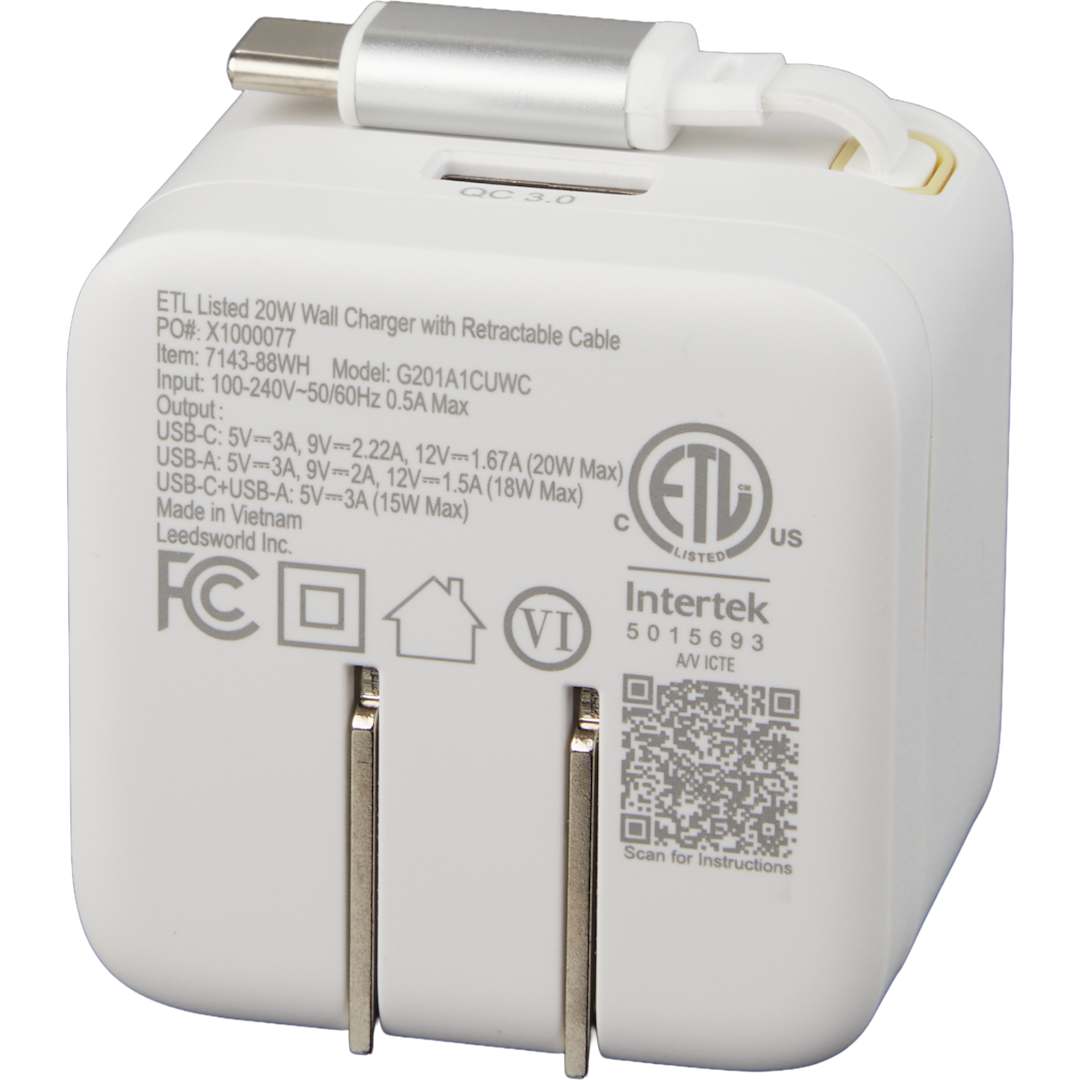 ETL Listed 20W Wall Charger with Retractable Cable