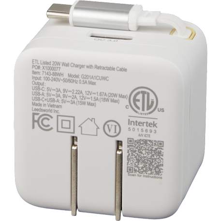 ETL Listed 20W Wall Charger with Retractable Cable
